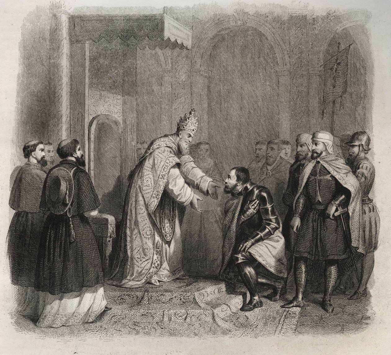 Papa San Pio V (Pio) (1566-1572) riceve il vincitore della Battaglia di Lepanto. Incisione del 1846 in 