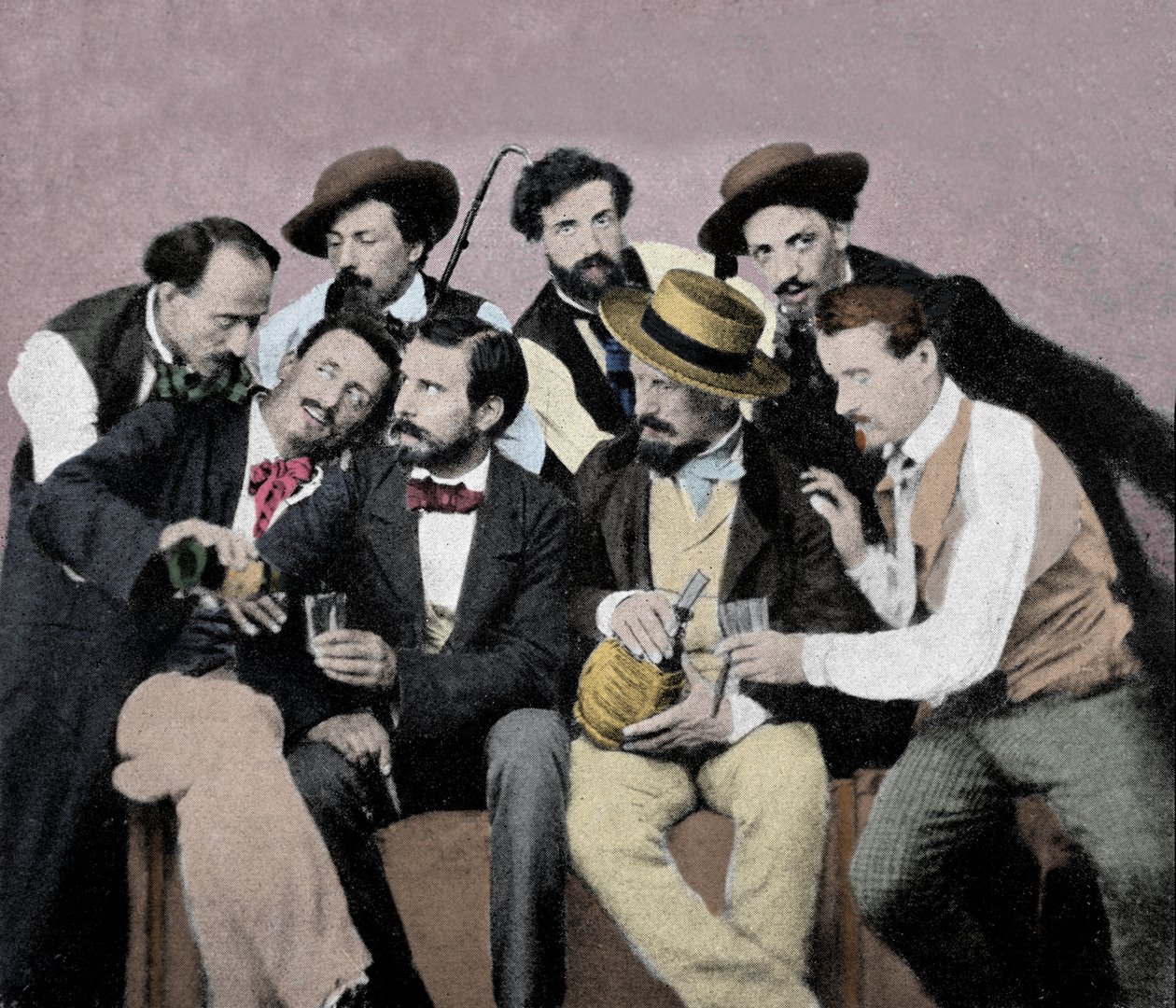 Gruppo di artisti (Macchiaioli) a Firenze: tra loro in alto da sinistra a destra Gaetano Bianchi, Cristiano Banti, Vito d