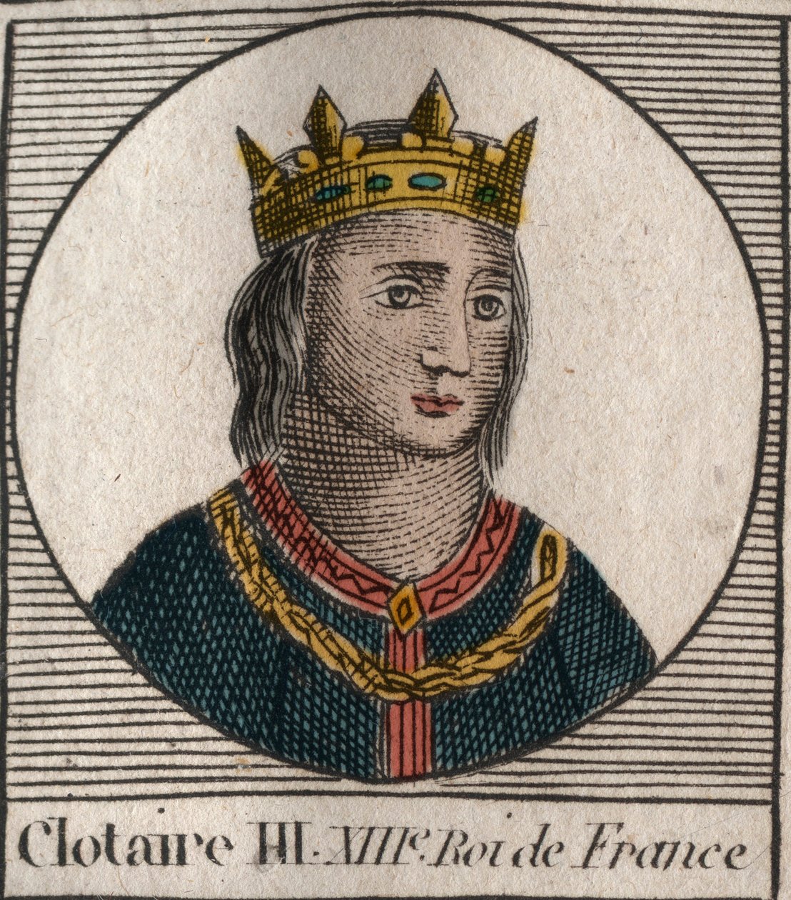 Ritratto di Clotario III (652-673), Re di Neustria e Borgogna - Clotario III o Clotario III, Re dei Franchi della casa dei Merovingi - incisione da "Istruzione sulla Storia di Francia" di Charles Constant Le Tellier 1821 da Anonymous Anonymous