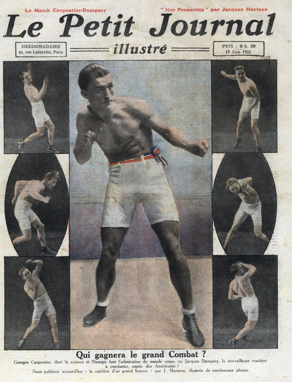 Ritratto del pugile francese Georges Carpentier che combatterà contro il pugile americano Jack Dempsey per il titolo di Campione del Mondo. Illustrazione tratta da "Le petit journal illustré" del 19/06/1921. Collezione privata da Anonymous Anonymous