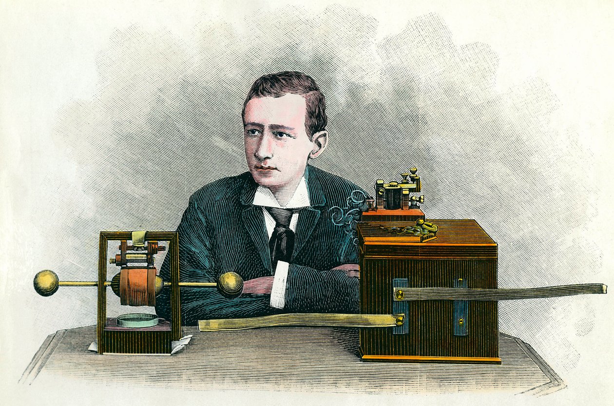 Ritratto di Guglielmo Marconi (1874-1937), fisico italiano, inventore del telegrafo. Incisione intorno al 1900. Collezione privata da Anonymous Anonymous