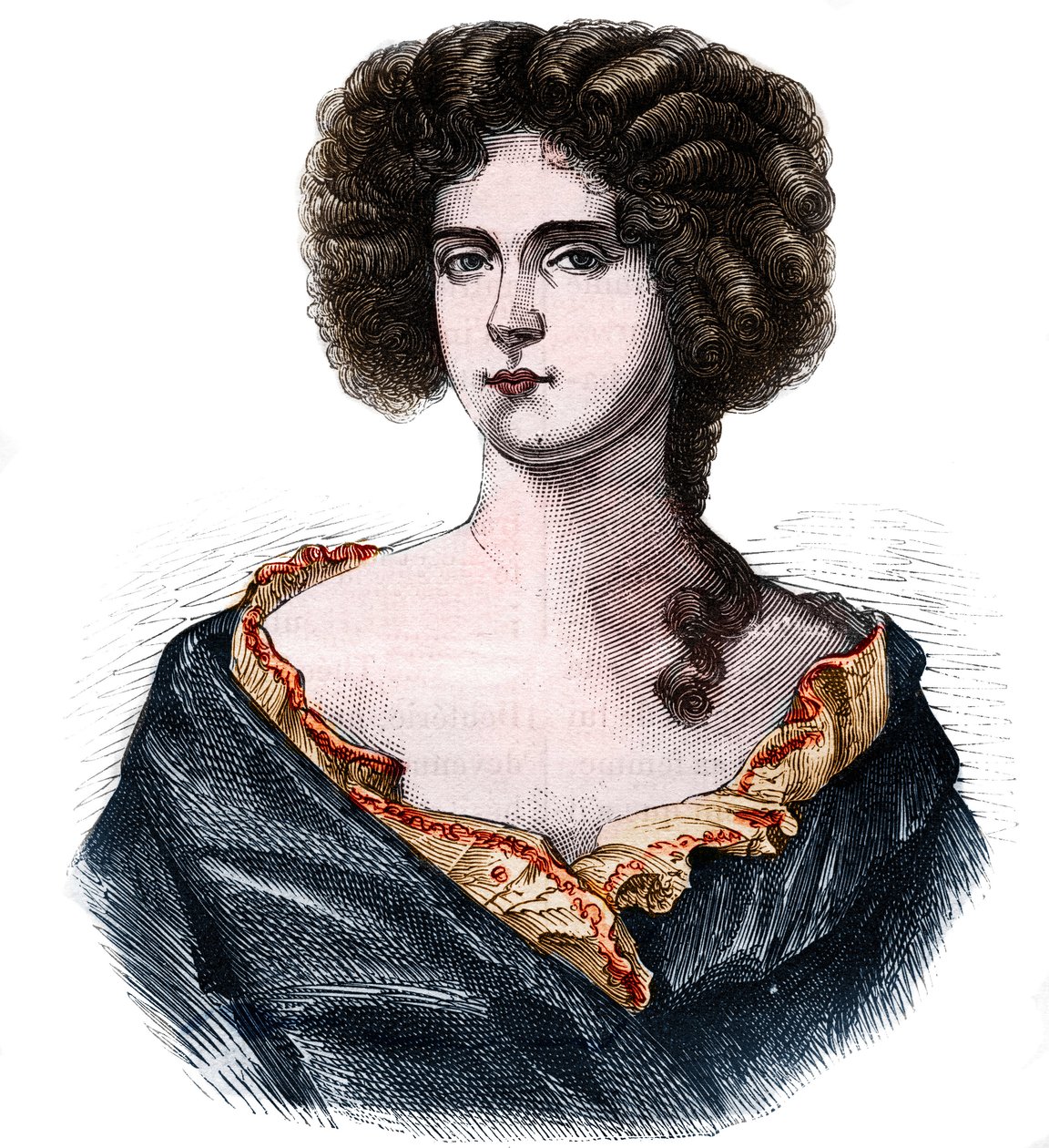 Ritratto di Louise de Keroualle (1649-1734), Duchessa di Portsmouth e amante di Carlo II (1630-1685). Incisione in "Histoire de la prostitution et de la debauche dans les peuples du globe depuis l
