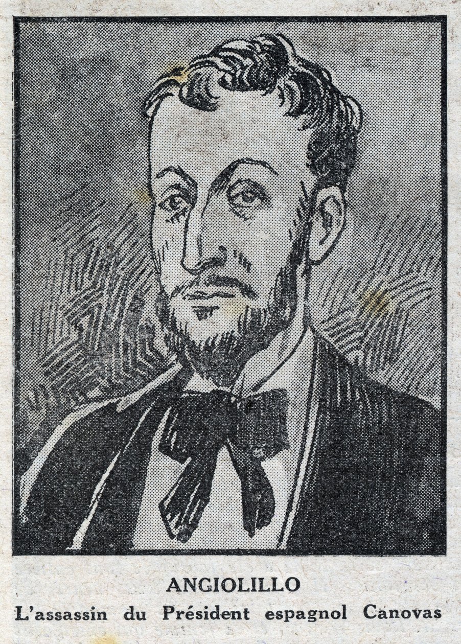Ritratto di Michele Angiolillo Lombardi detto Jose Sants o Rinaldini, anarchico italiano (1871-1897) assassino del Presidente del Consiglio spagnolo, Antonio Canovas del Castillo (1828-1897). Incisione in "L