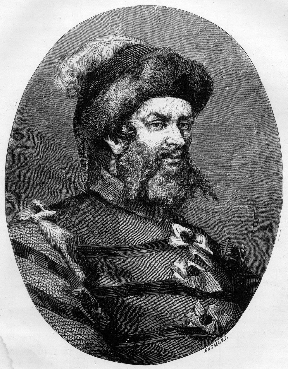 Ritratto di Philippe Guillery (Guilleri) (1566-1608) brigante francese - Incisione di Leon Bailly del 1863 in "Le Livre Rouge - Histoire De L