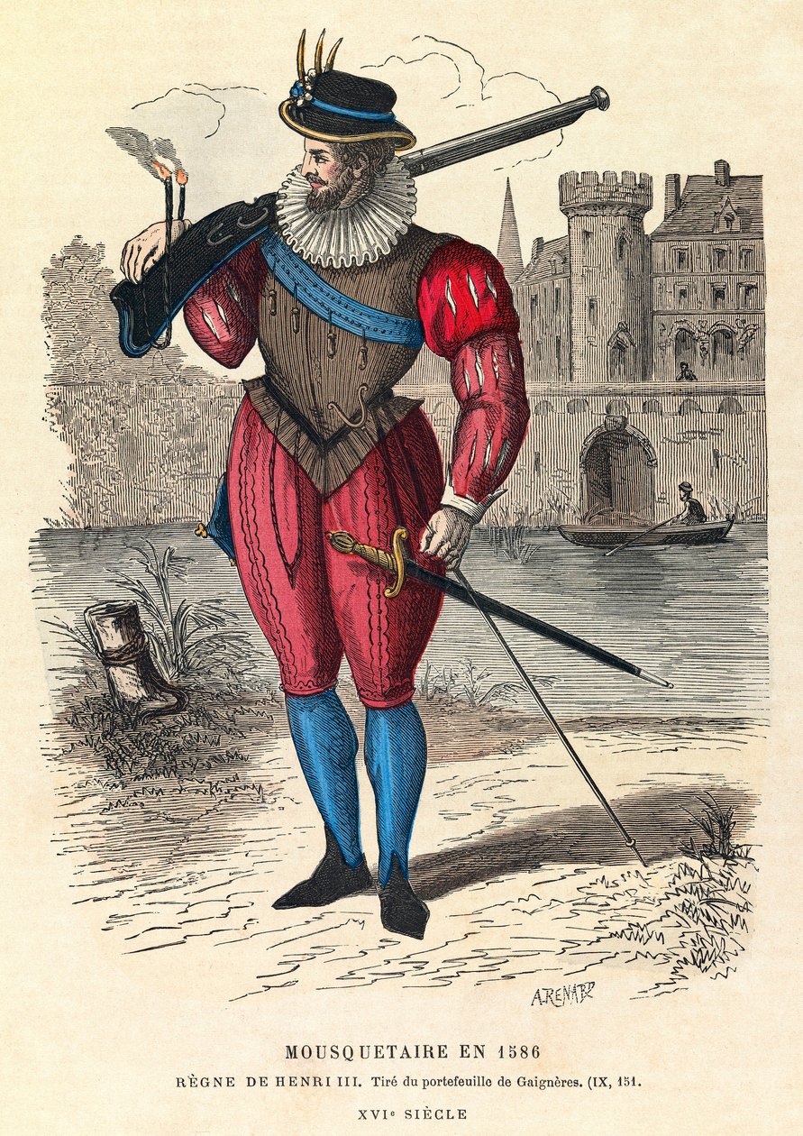 Ritratto di un moschettiere nel 1586 a Parigi (sotto il regno di re Enrico III), incisione da Anonymous Anonymous