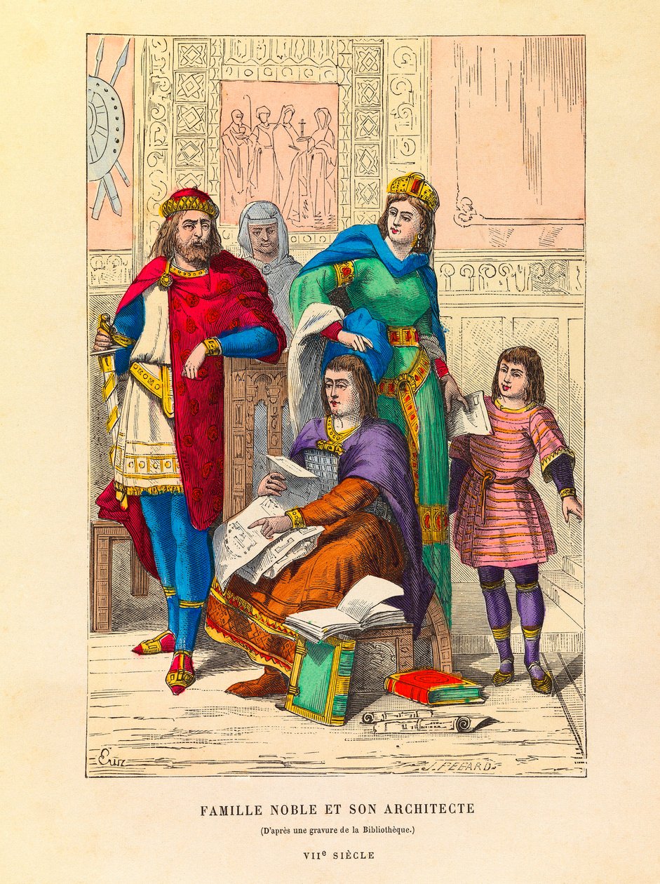 Ritratto di una famiglia nobile con il suo architetto nel VII secolo, incisione - collezione privata da Anonymous Anonymous