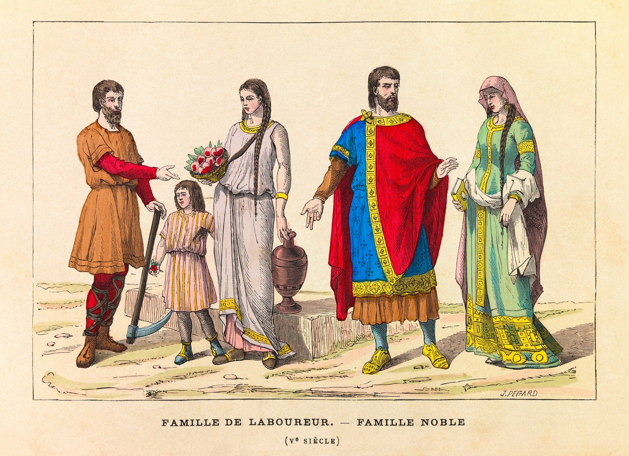Ritratti e costumi di una famiglia di aratori e di una famiglia nobile nel V secolo, incisione - collezione privata da Anonymous Anonymous