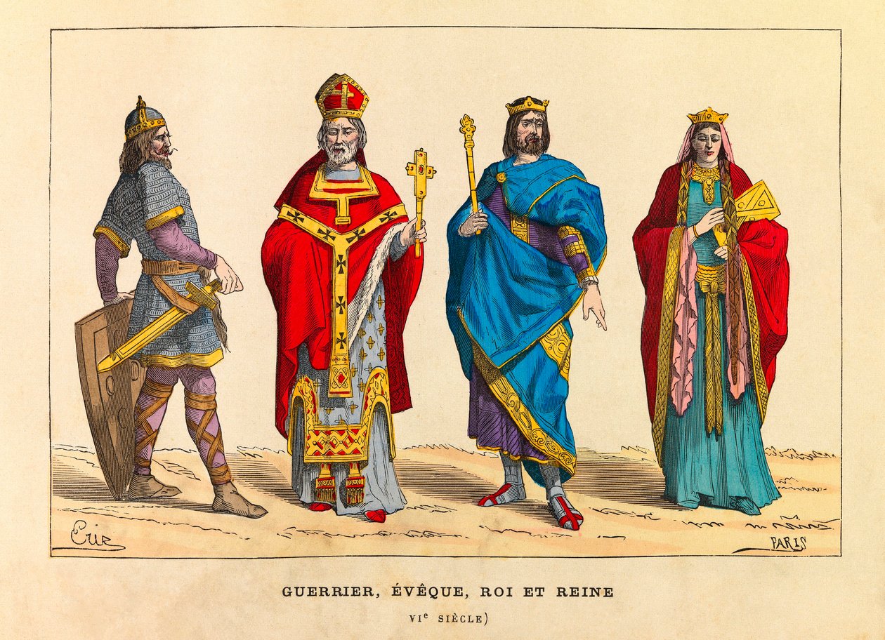 Ritratti e costumi di un guerriero, un vescovo, un re e una regina nel VI secolo, incisione da Anonymous Anonymous