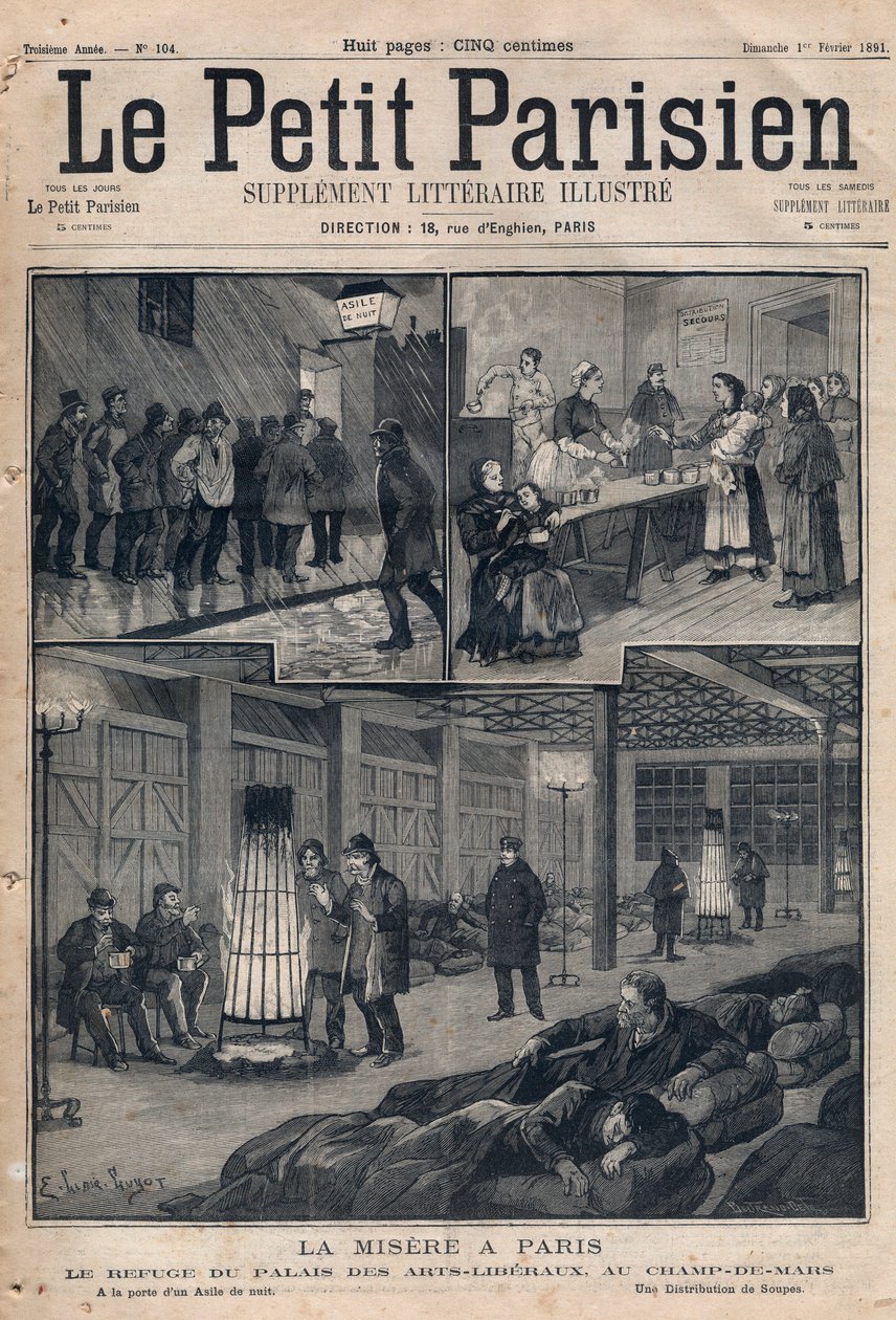 Povertà a Parigi: il rifugio del Palais des arts-liberaux nel campo di Marzo - alla porta di un asilo - una distribuzione di zuppe. Incisione in "Le petit Parisien" del 1891. Collezione privata. da Anonymous Anonymous