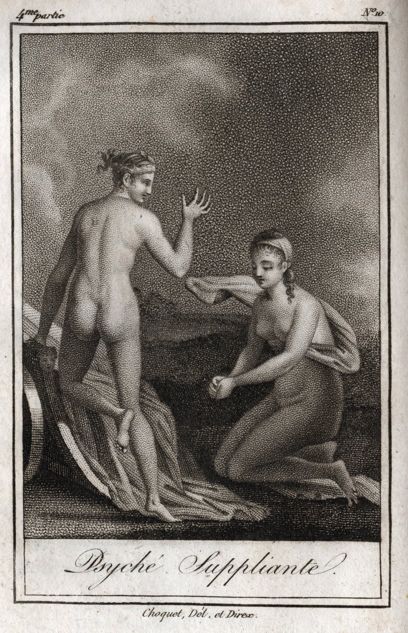 Psiche che implora. Incisione del 1819 in “Lettres à Emilie sur la mythologie” di Charles Albert Demoustier (1760-1801). Collezione privata da Anonymous Anonymous