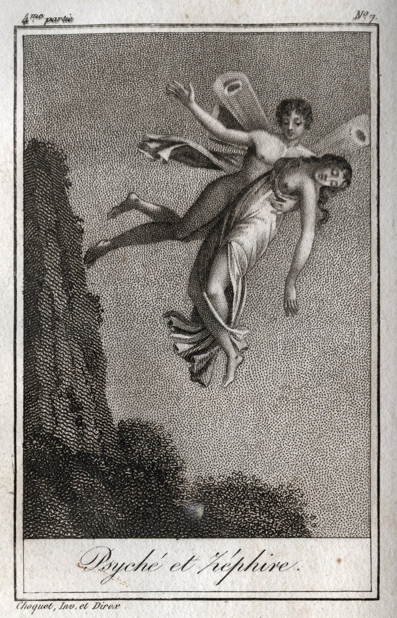 Psiche portata via da Zefiro. Incisione del 1819 in "Lettres à Emilie sur la mythologie" di Charles Albert Demoustier (1760-1801). Collezione privata da Anonymous Anonymous