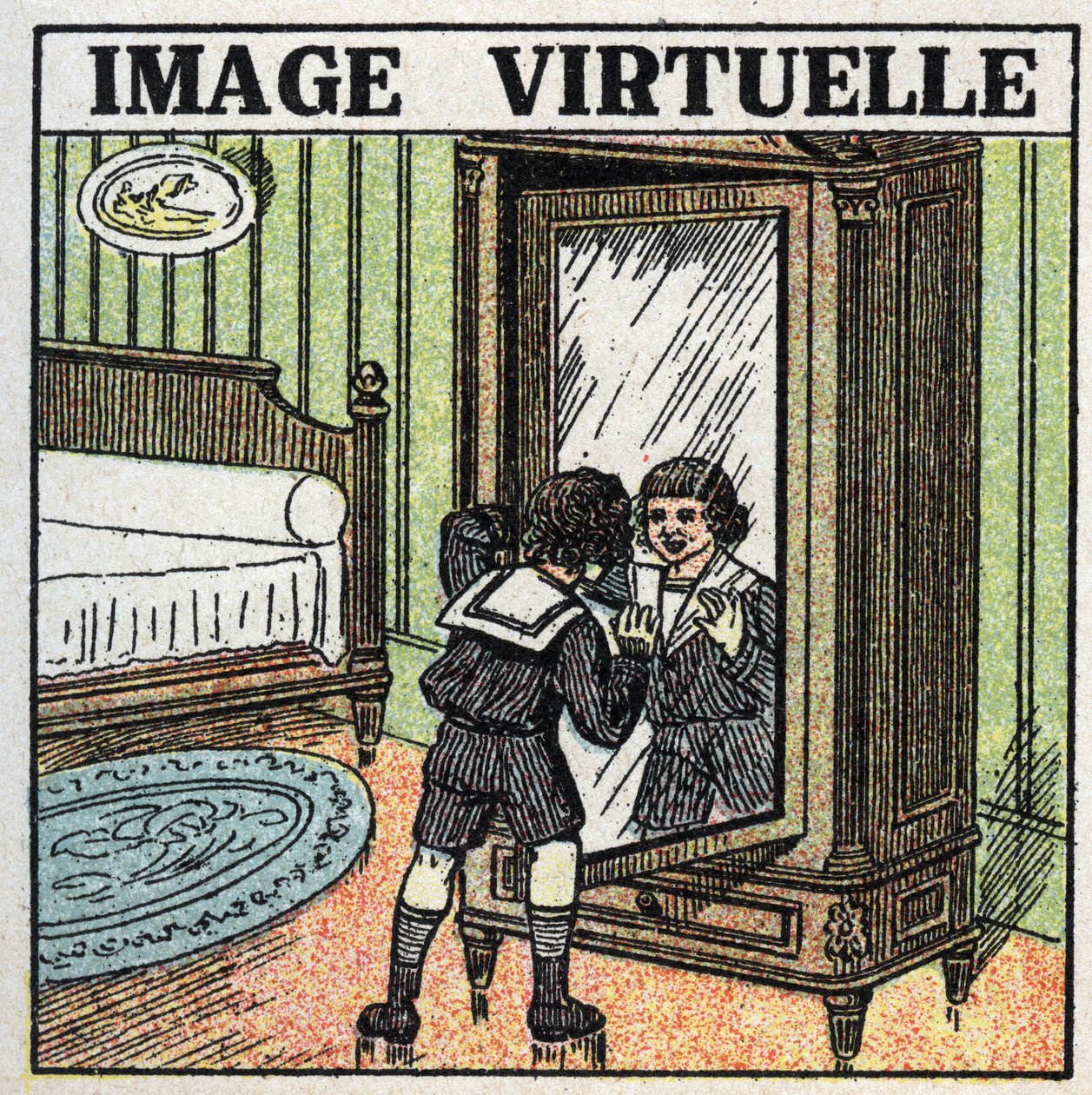 Riflessione della luce: immagine virtuale. Un bambino contempla il suo riflesso in uno specchio. Illustrazione anonima del 1925. Collezione privata. da Anonymous Anonymous