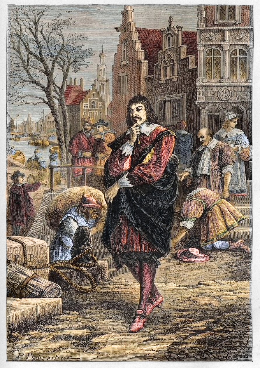 Rene Descartes (1596-1650), filosofo e matematico francese che cammina per le strade di Amsterdam - Descartes ad Amsterdam - incisione da 