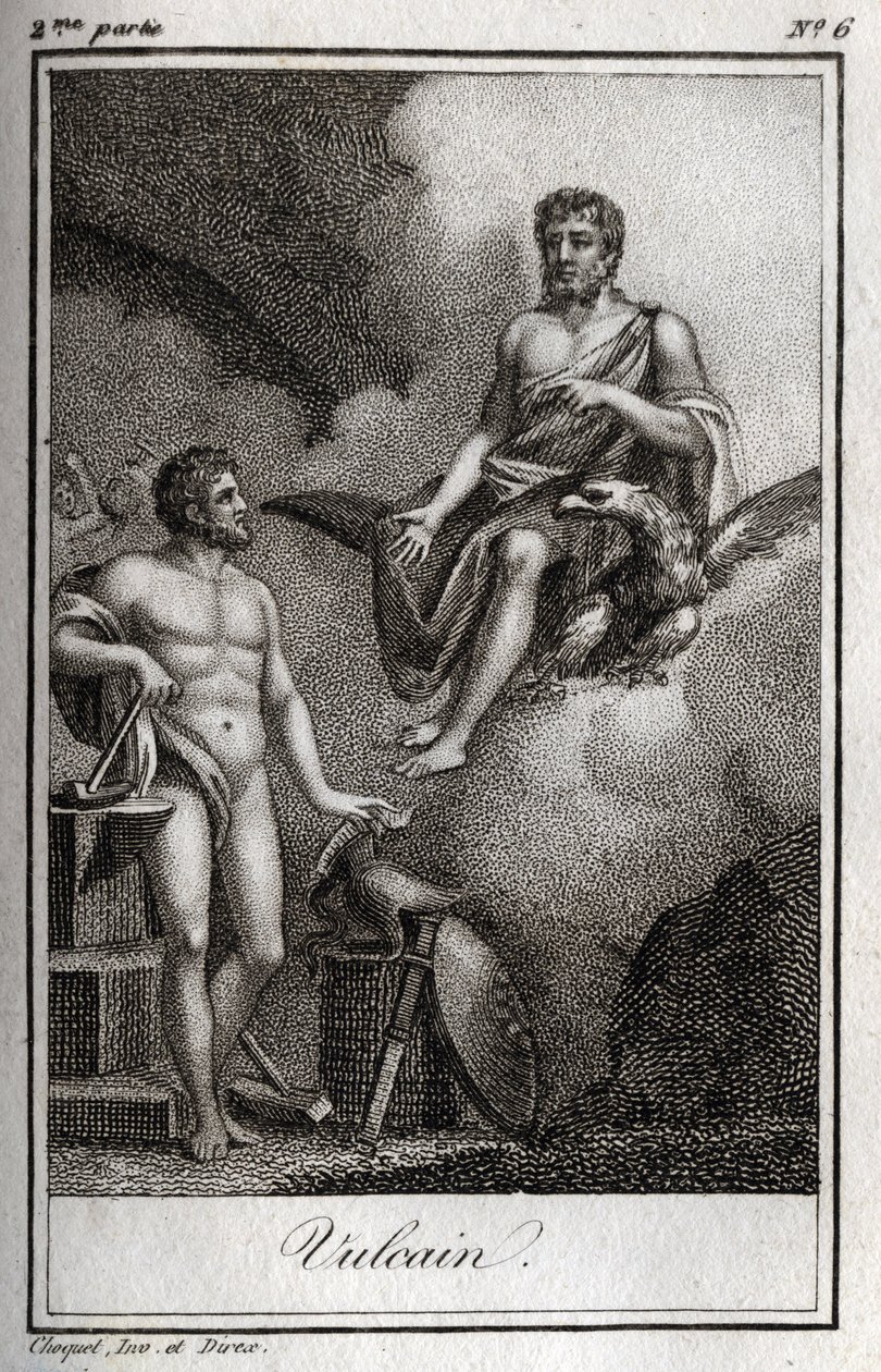Rappresentazione di Vulcano, dio del fuoco, della forgia e dei vulcani. Incisione del 1819 in 