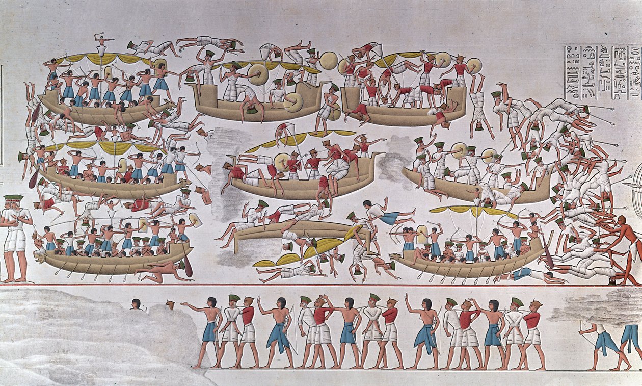 Rappresentazione della Battaglia del Delta del Nilo tra gli eserciti di Ramses III e i Popoli del Mare. Da un rilievo nel tempio funerario di Medinet Habou, Egitto da Anonymous Anonymous
