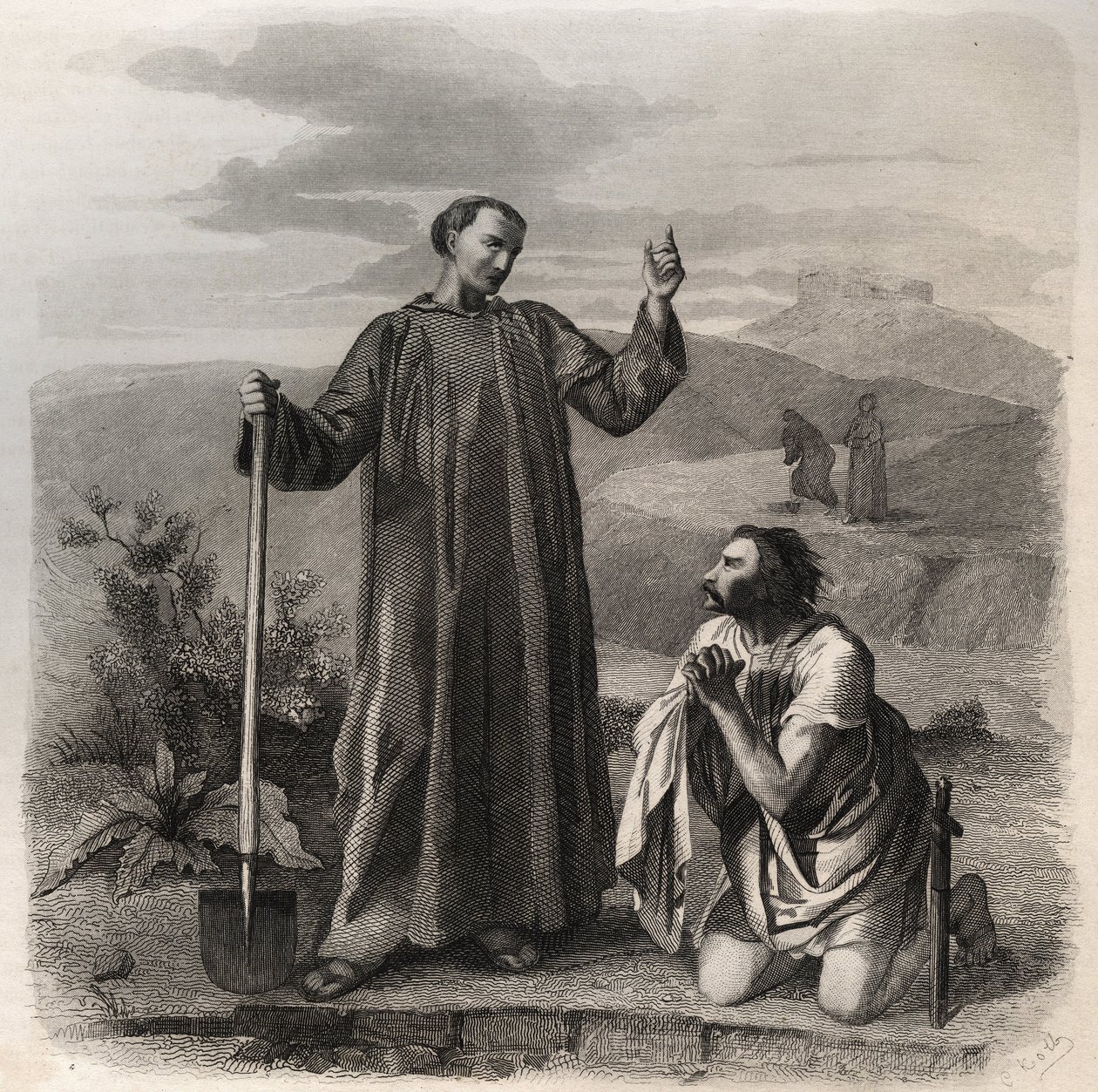 San Benedetto da Norcia accoglie Totila (VI secolo) re degli Ostrogoti. Incisione del 1846 in 