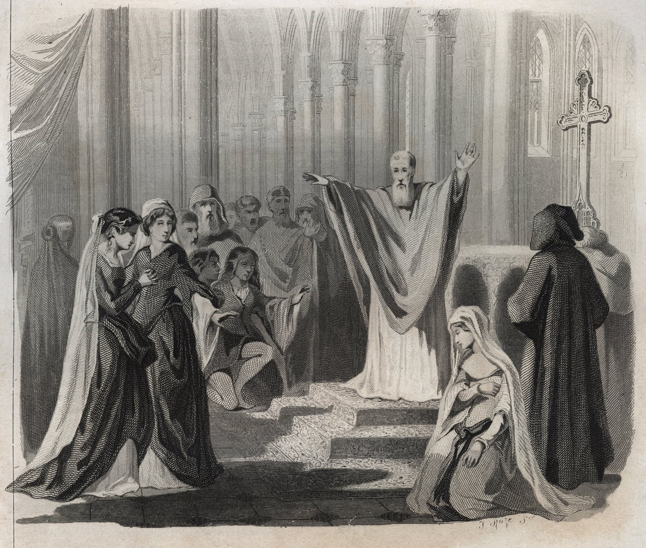 San Dunstan (ca. 909-988), vescovo di Canterbury, benedettino e riformatore della vita monastica in Inghilterra, annuncia la sua imminente morte al popolo. Incisione del 1846 in “Lives of the saints” da Anonymous Anonymous