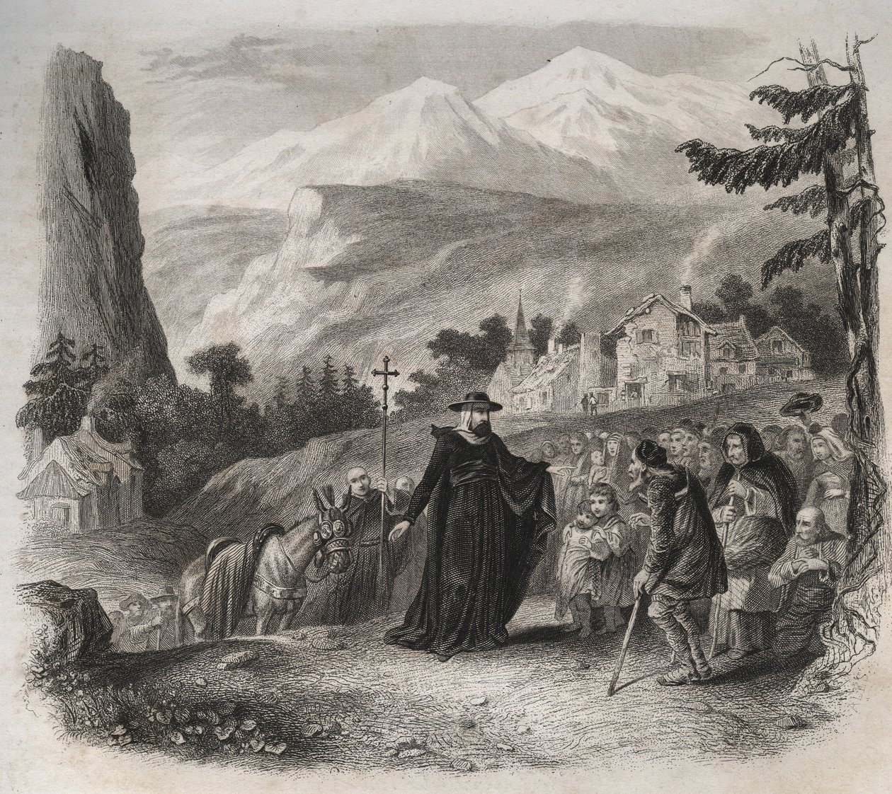 San Francesco di Sales (1567-1622), vescovo di Ginevra in visita pastorale. Incisione del 1846 in 