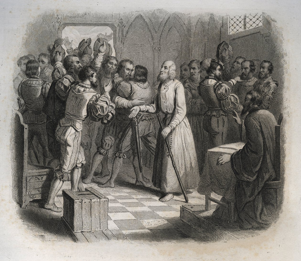 San Nicola (Nicola) di Flue o Fratello Klaus (1417-1487), un eremita svizzero che riconcilia i confederati svizzeri che stavano per iniziare la guerra civile. Incisione del 1846 in 