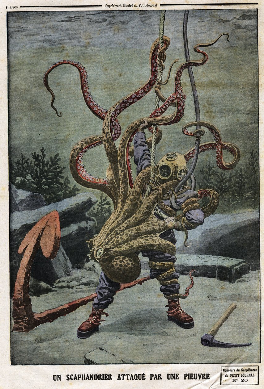 Sommozzatore attaccato da un polpo. Incisione in "Le petit Journal", del 16/06/1912. Collezione privata. da Anonymous Anonymous
