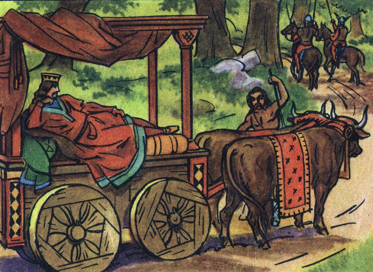 Scena che raffigura i re pigri: Re di Francia Thierry III (673-691) trasportato in un carro con un letto trainato da buoi. Illustrazione anonima in “Collection des souverains et chefs d