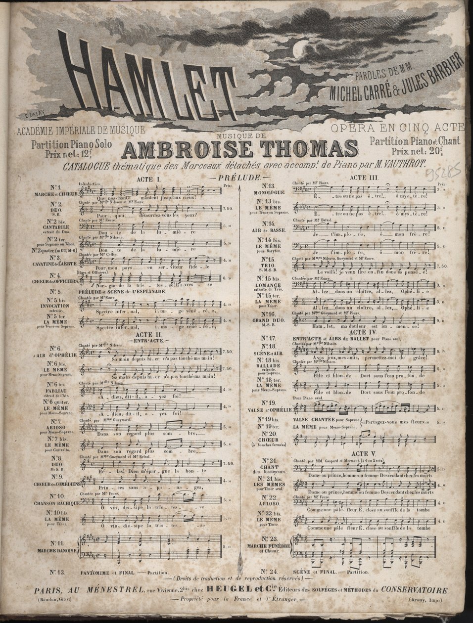 Partitura di "HAMLET" opera di Ambroise Thomas in cinque atti su libretto di Jules Barbier e Michel Carre. Collezione privata da Anonymous Anonymous