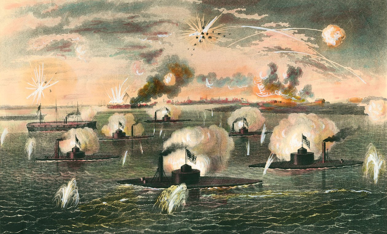 Guerra di Secessione (1861-1865): "Attacco delle batterie galleggianti durante la Guerra di Secessione" Incisione intorno al 1865. Collezione privata da Anonymous Anonymous