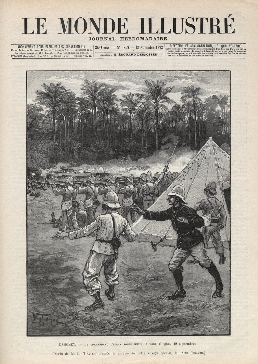 Seconda guerra del Dahomey (1892-1894): morte del comandante francese Faurax durante la battaglia di Dogba il 19 settembre 1892 in Dahomey (ora Benin). Un giornale. Incisione in “Le monde illustré” del 1892. Collezione privata. da Anonymous Anonymous