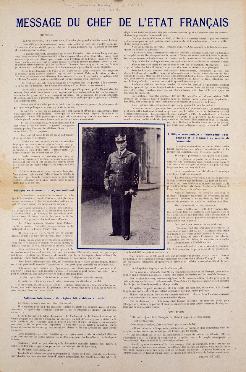Seconda Guerra Mondiale e regime di Vichy: messaggio del capo di stato francese Philippe Pétain pubblicato dopo l