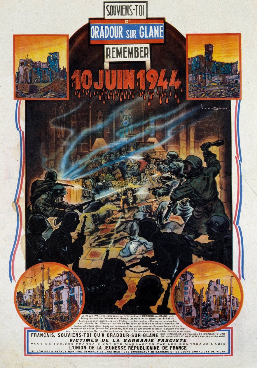 Seconda Guerra Mondiale: poster commemorativo del massacro di Oradour-sur-Glane (Oradour sur Glane) nell