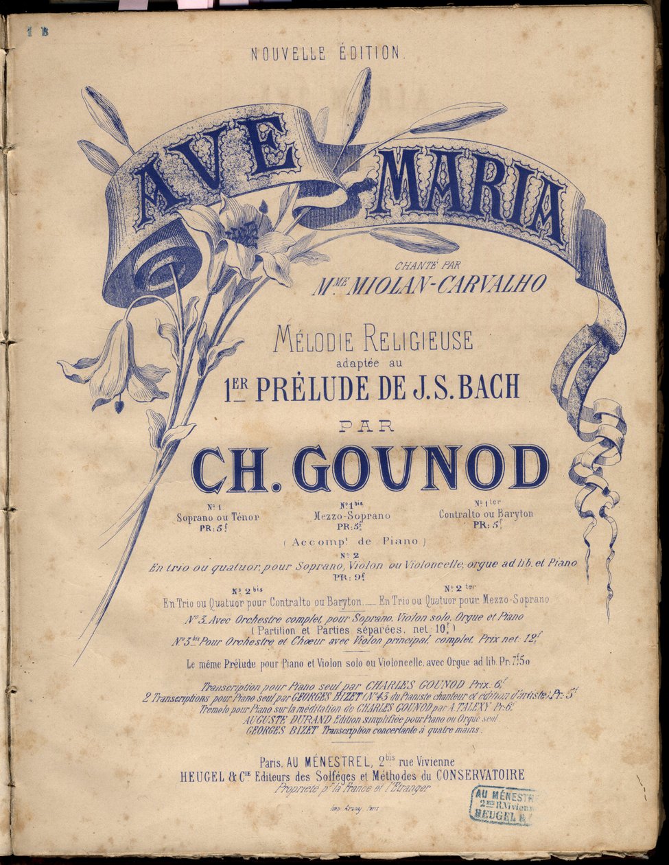 Spartito per "Ave Maria". Melodia religiosa adattata al 1° Preludio di J.S. Bach da Charles Gounod. Collezione privata da Anonymous Anonymous