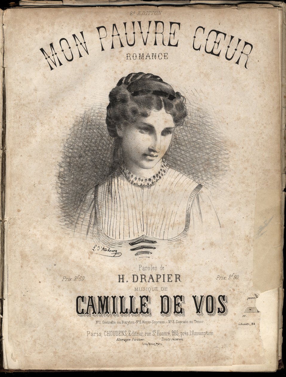 Spartito per "Mon pauvre cœur" testi di H. Drapier musica di Camille de Vos. Collezione privata da Anonymous Anonymous
