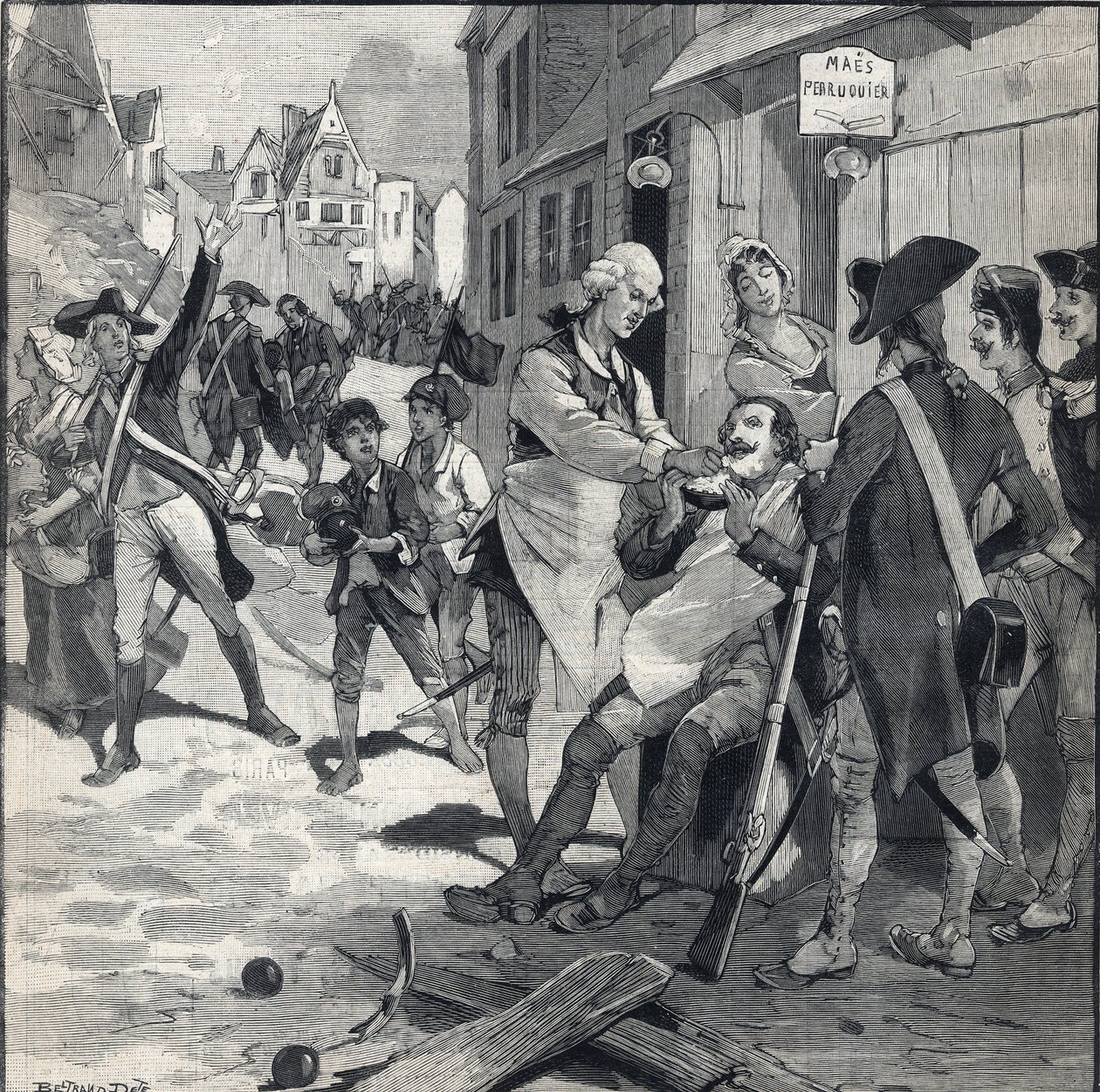 Assedio di Lille nel 1792: Maes usa una scheggia di bomba come piatto per la barba per radere un cliente. Incisione in 