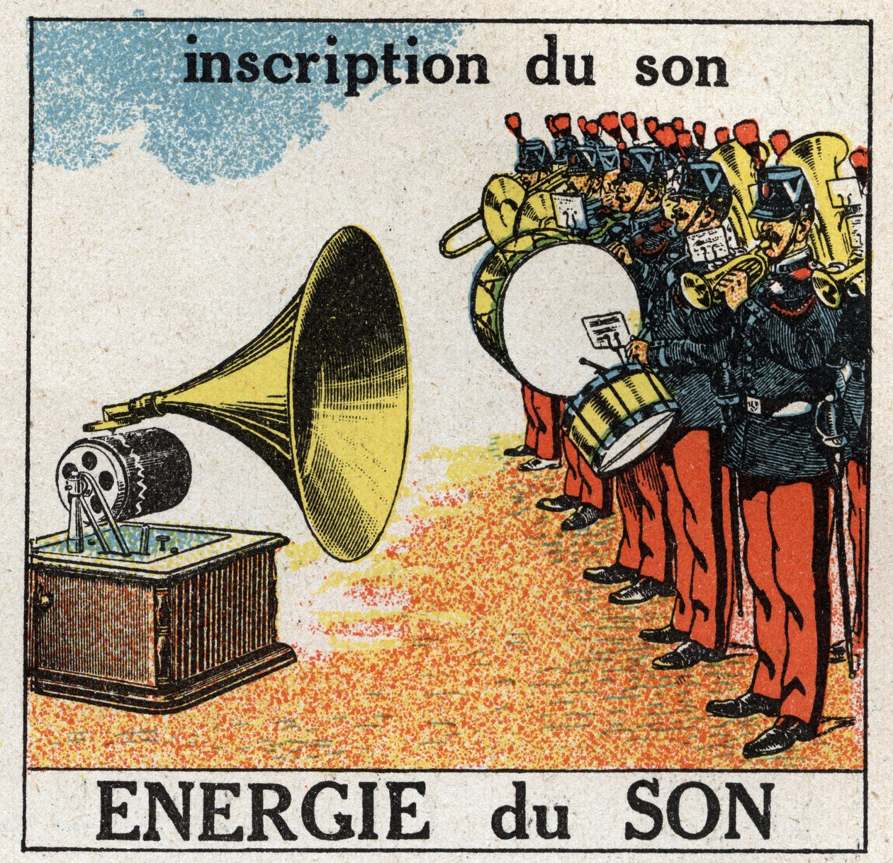 Energia sonora: registrazione della musica di una banda militare con un grammofono. Illustrazione anonima del 1925. Collezione privata. da Anonymous Anonymous