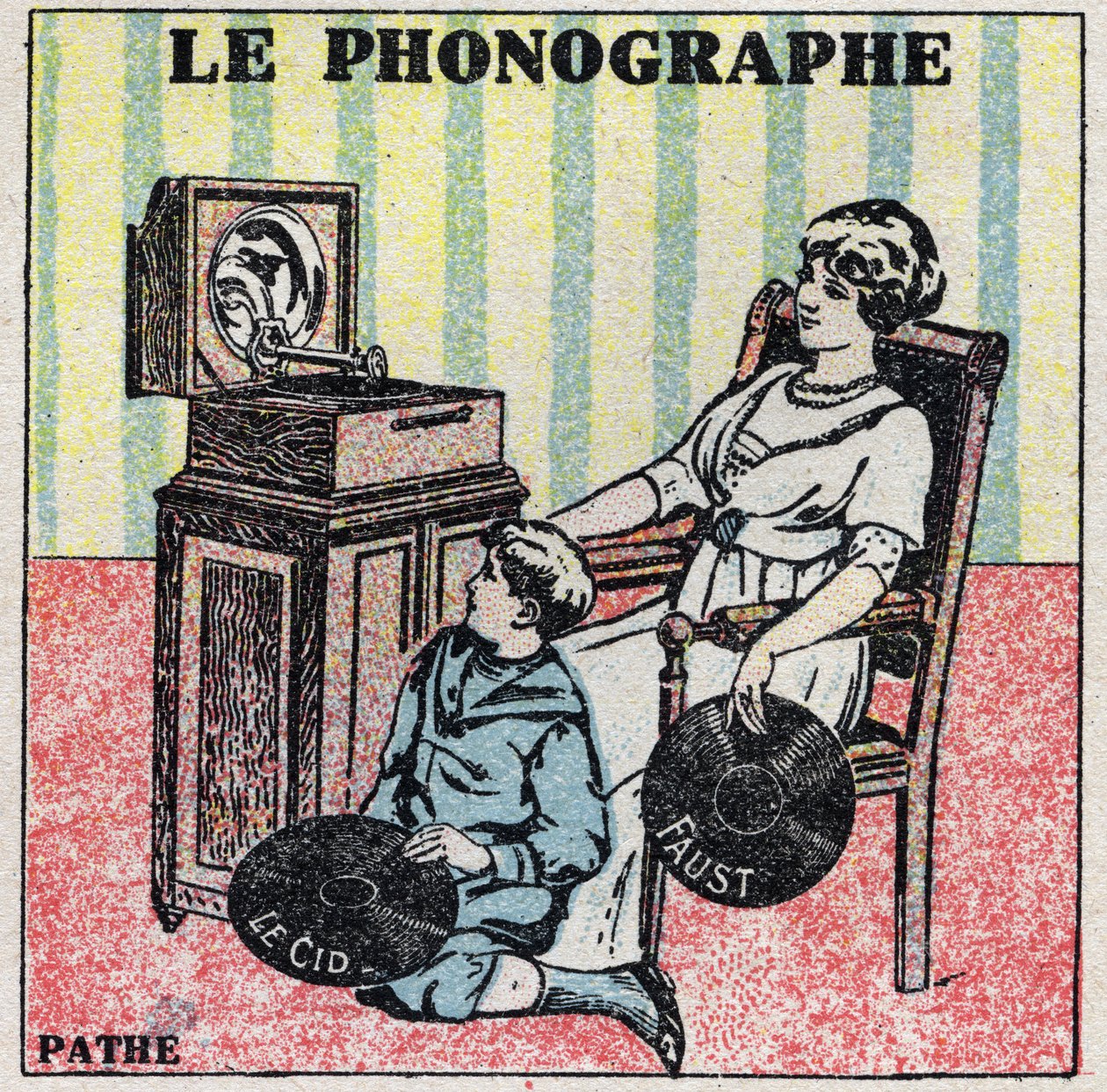 Energia sonora: il fonografo. Una madre e suo figlio ascoltano un disco su un fonografo Pathe. Illustrazione anonima del 1925. Collezione privata. da Anonymous Anonymous