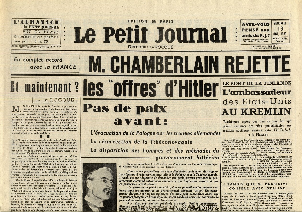 THE SMITTLE JOURNAL VENERDÌ 13 OTTOBRE 1939 Neville CHAMBERLAIN (1869-1940) RIFIUTA le offerte di Adolf Hitler da Anonymous Anonymous