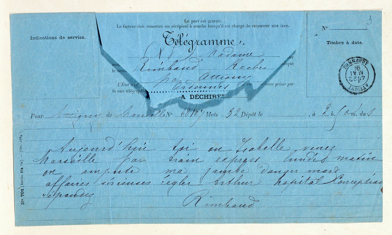 Telegramma di Rimbaud a sua madre, Marsiglia, 22 maggio da Anonymous Anonymous