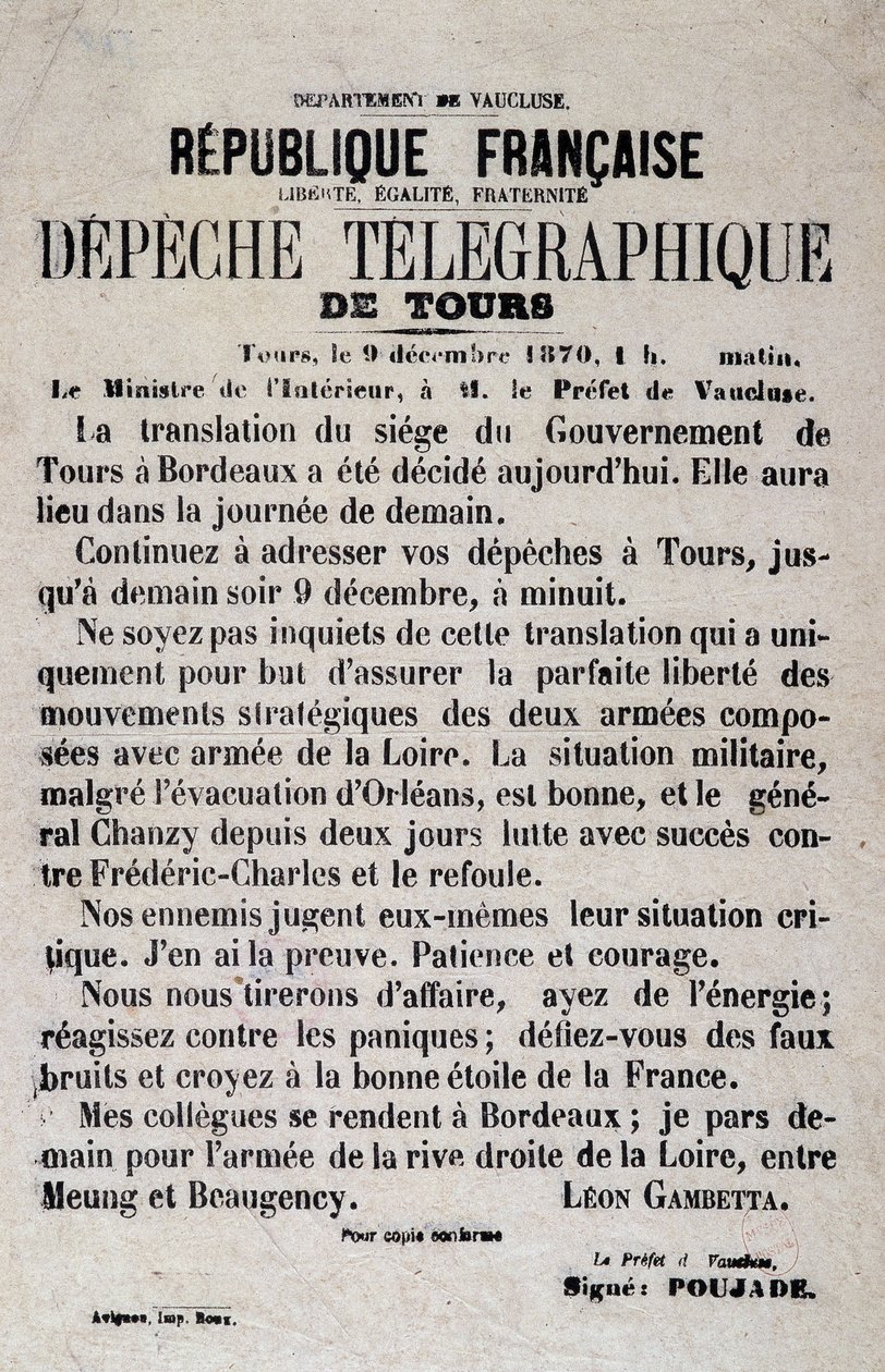 Notizie telegrafiche di Tours del 9/12/1870 di Léon Gambetta da Anonymous Anonymous
