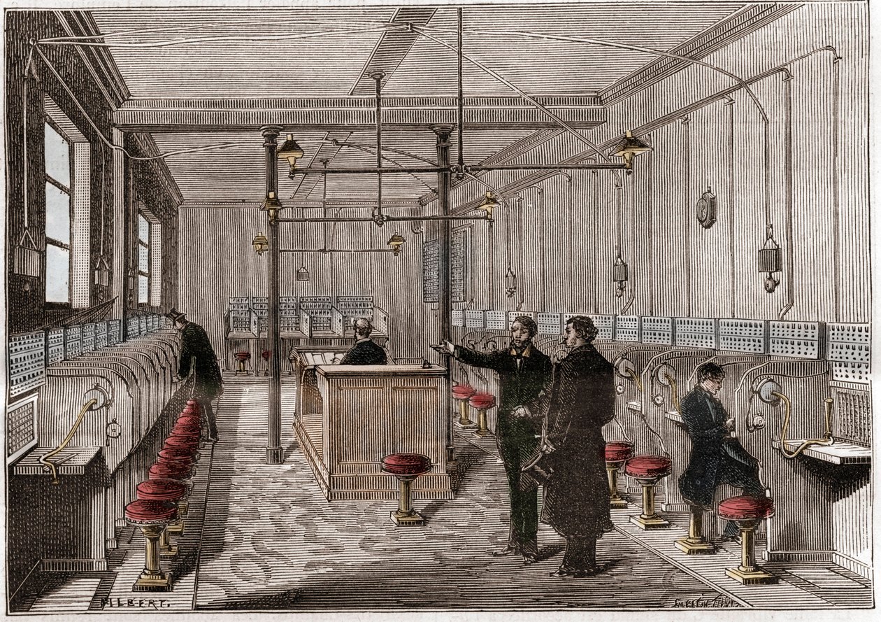 Centralino telefonico costruito secondo il sistema di telecomunicazione Edison Gower-Bell - primo centralino telefonico a Parigi nel 1879 - sistema dell