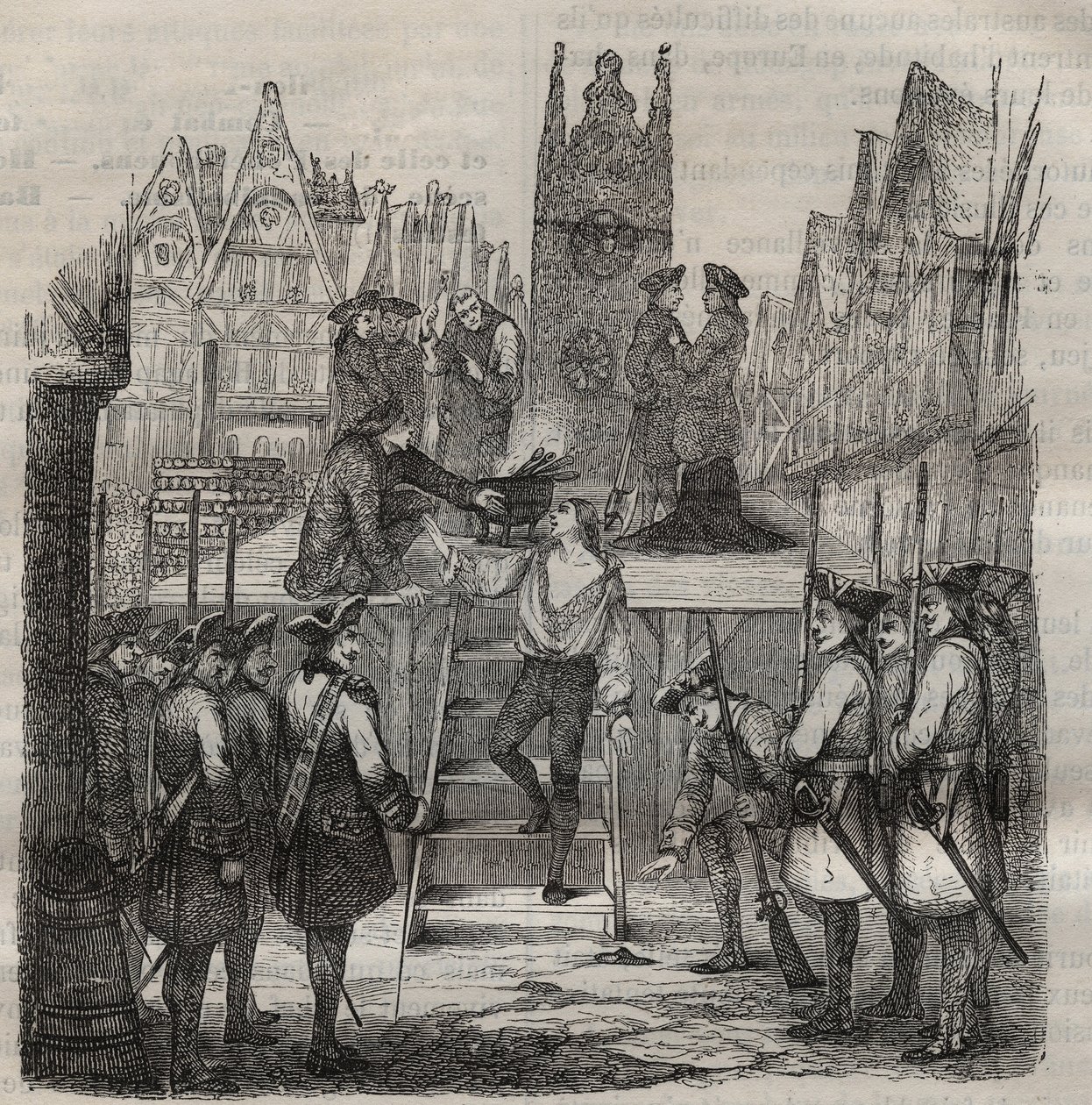 Il Cavaliere Francois-Jean Lefebvre de La Barre sale al patibolo nel 1766. Incisione in 