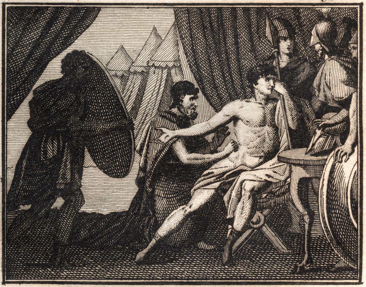 La morte di Epaminonda (dopo la battaglia contro gli Spartani a Mantinea nel 362 a.C.) - Incisione da "The Rollin of Youth or Selected Pieces of Ancient and Roman Stories" 1816 - Collezione privata da Anonymous Anonymous