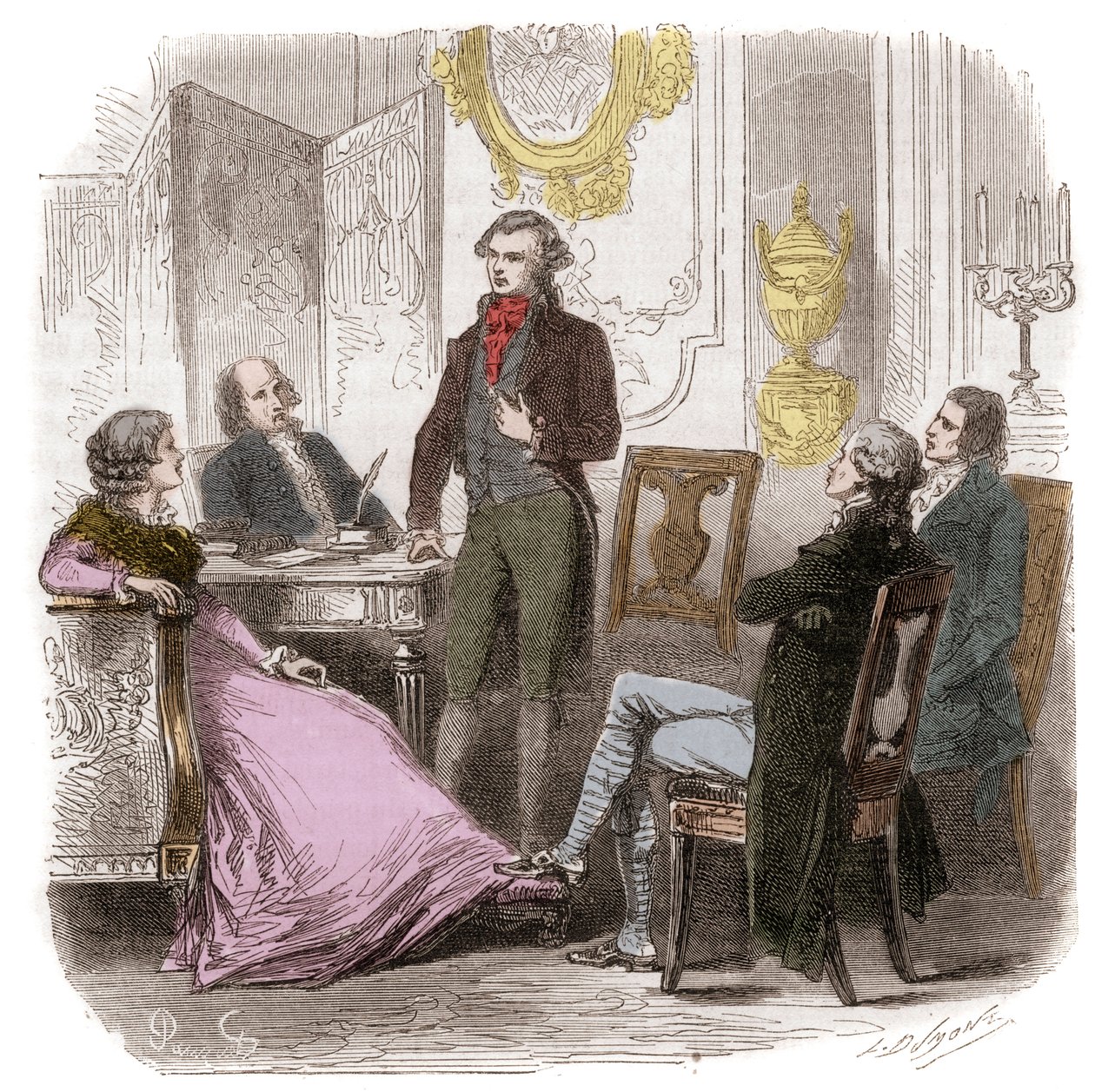 I Girondini a casa di Madame Roland - Riunione dei Girondini da Madame Roland (Manon (Jeanne Marie) Roland Philipon) (1754-1793) - Incisione in "Histoire des Girondins" di Alphonse de Lamartine (1790-1869) 1865-1866 - Collezione privata da Anonymous Anonymous