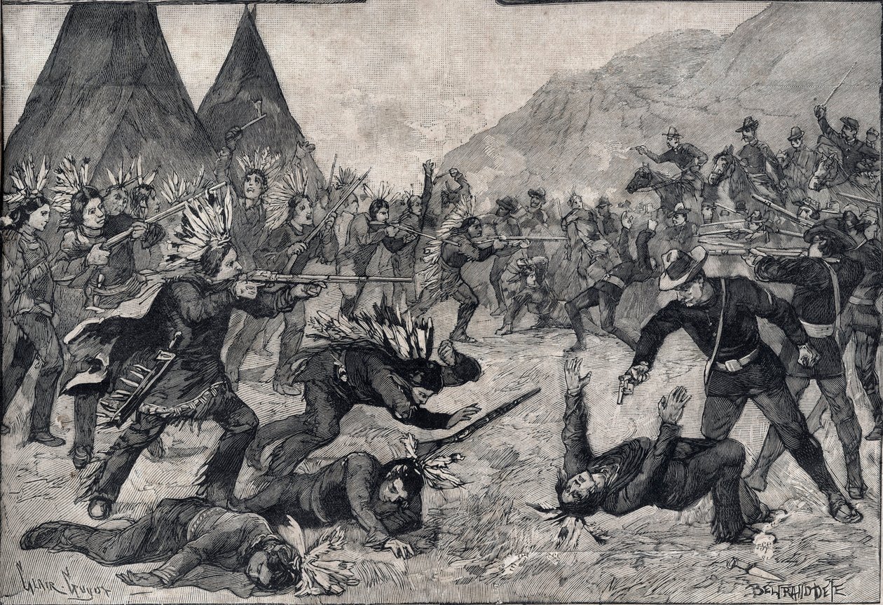 La rivolta indiana negli Stati Uniti: una lotta tra indiani Sioux e truppe americane. Incisione in 
