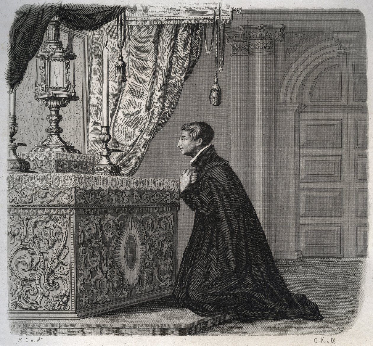 Il gesuita italiano Luigi Gonzaga (San Luigi Gonzaga) (1568-1591) in preghiera. Incisione del 1846 in 