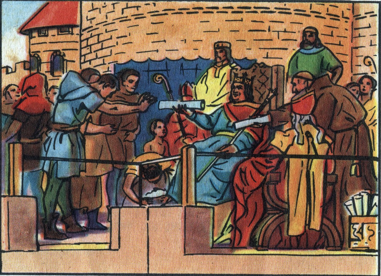 Il Re di Francia Luigi VI il Grande (1081-1137) concede la Carta alla città di Parigi. Illustrazione anonima in “Collection des souverains et chefs d