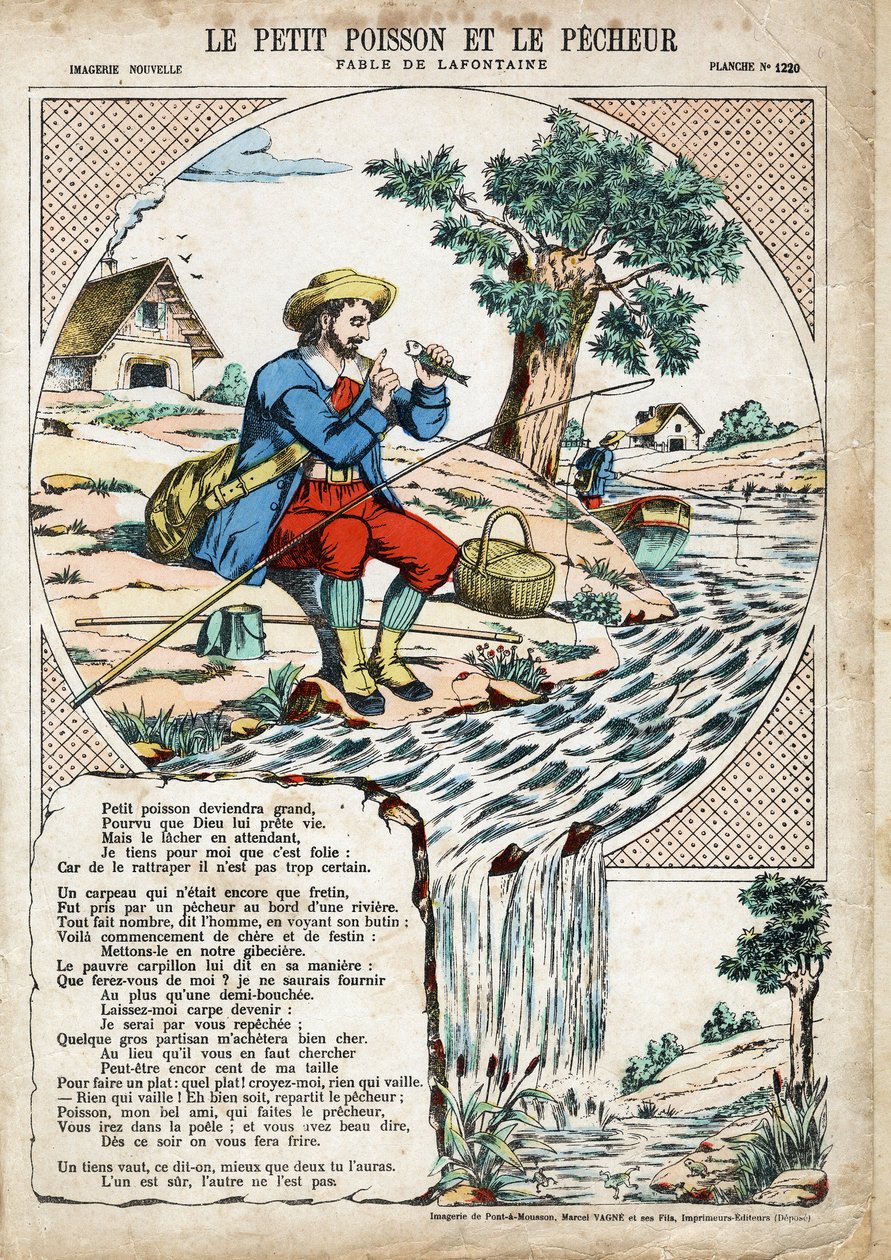 Il pesciolino e il pescatore. Illustrazione anonima per Les Fables di Jean de La Fontaine. da Anonymous Anonymous