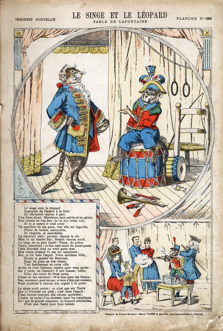 La scimmia e il leopardo. Illustrazione anonima per Les Fables di Jean de La Fontaine. Imaging di Pont-a-Mousson, circa 1880. Collezione privata. da Anonymous Anonymous