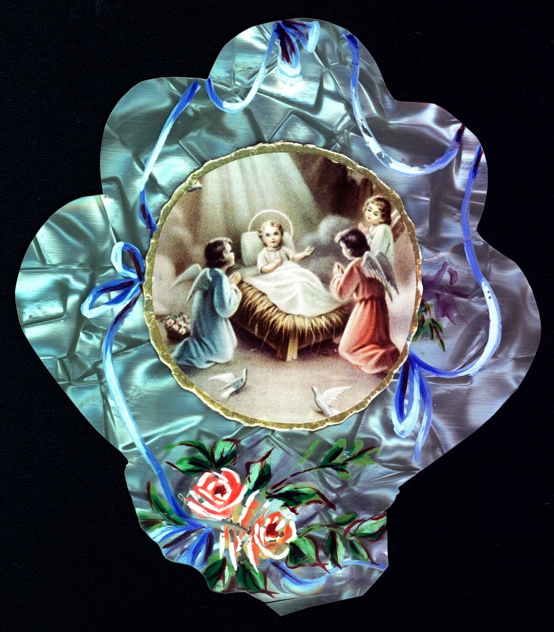 La Natività. Il bambino Gesù circondato da angeli. Immagine pia. Cartolina dentellata. Collezione privata da Anonymous Anonymous