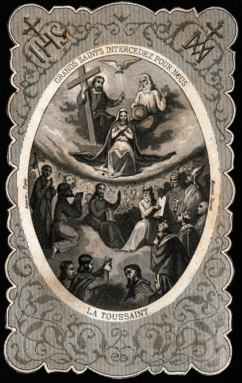 La Vergine Maria con la Santissima Trinità (Dio, Gesù Cristo e la colomba dello Spirito Santo). Carta dentellata. XIX secolo. Collezione privata da Anonymous Anonymous