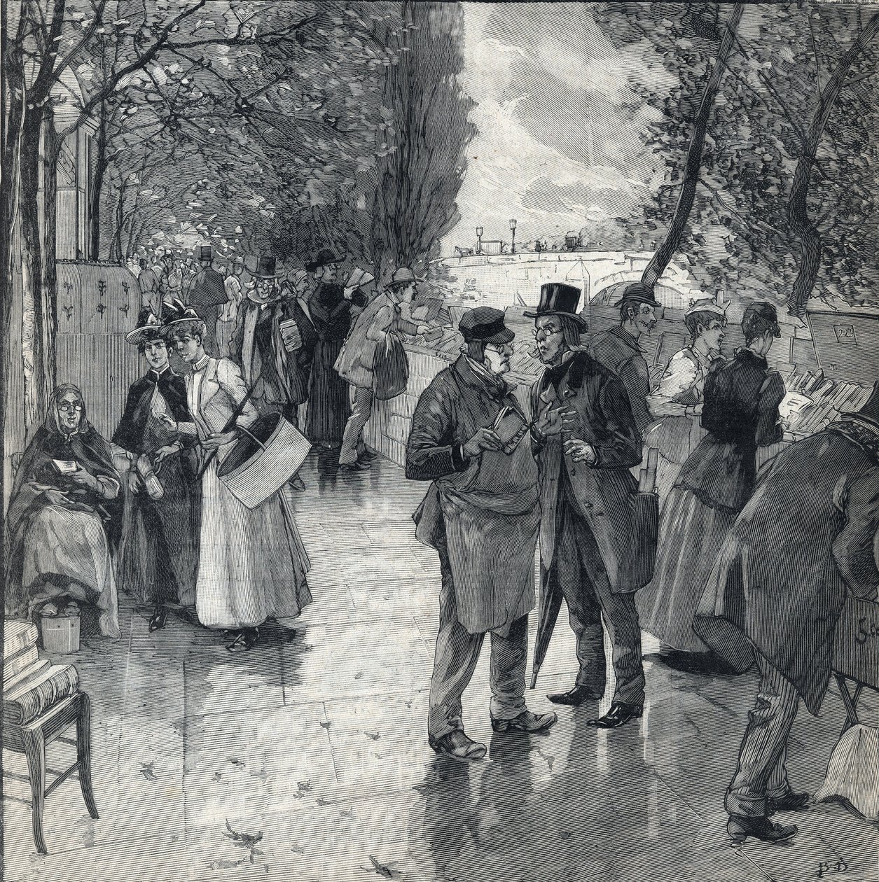 La passeggiata dei librai lungo le rive dei quai a Parigi. Incisione in 
